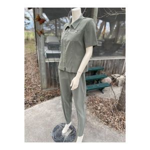 Vintage 90s Fairweather Trouser Set Olive Collared Zip Shacket Jersey Knit Sz 6